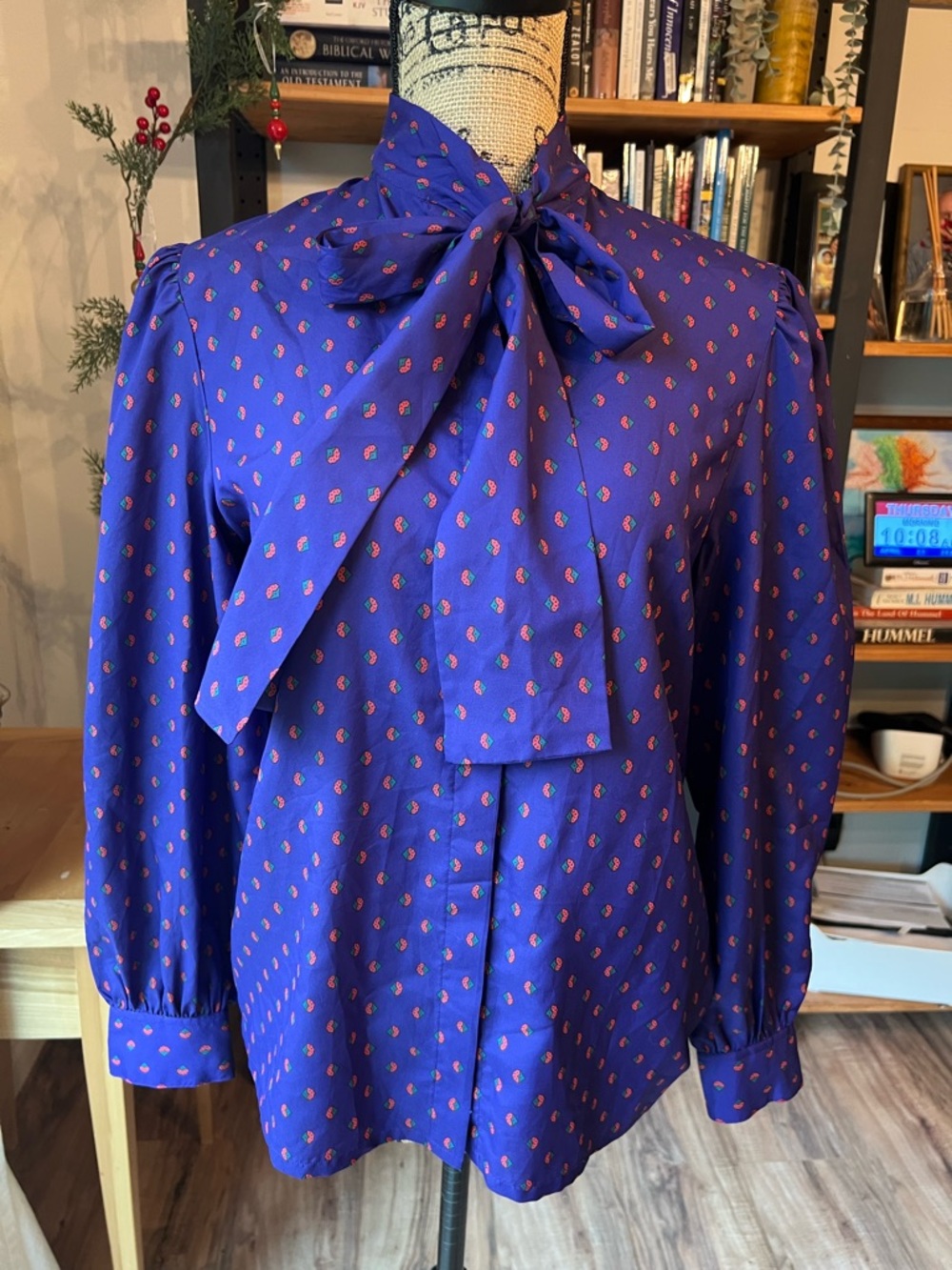 Diane Von Furstenberg Royal Blue Tie-Neck Long-Sleeve Blouse with Pink Dot Print